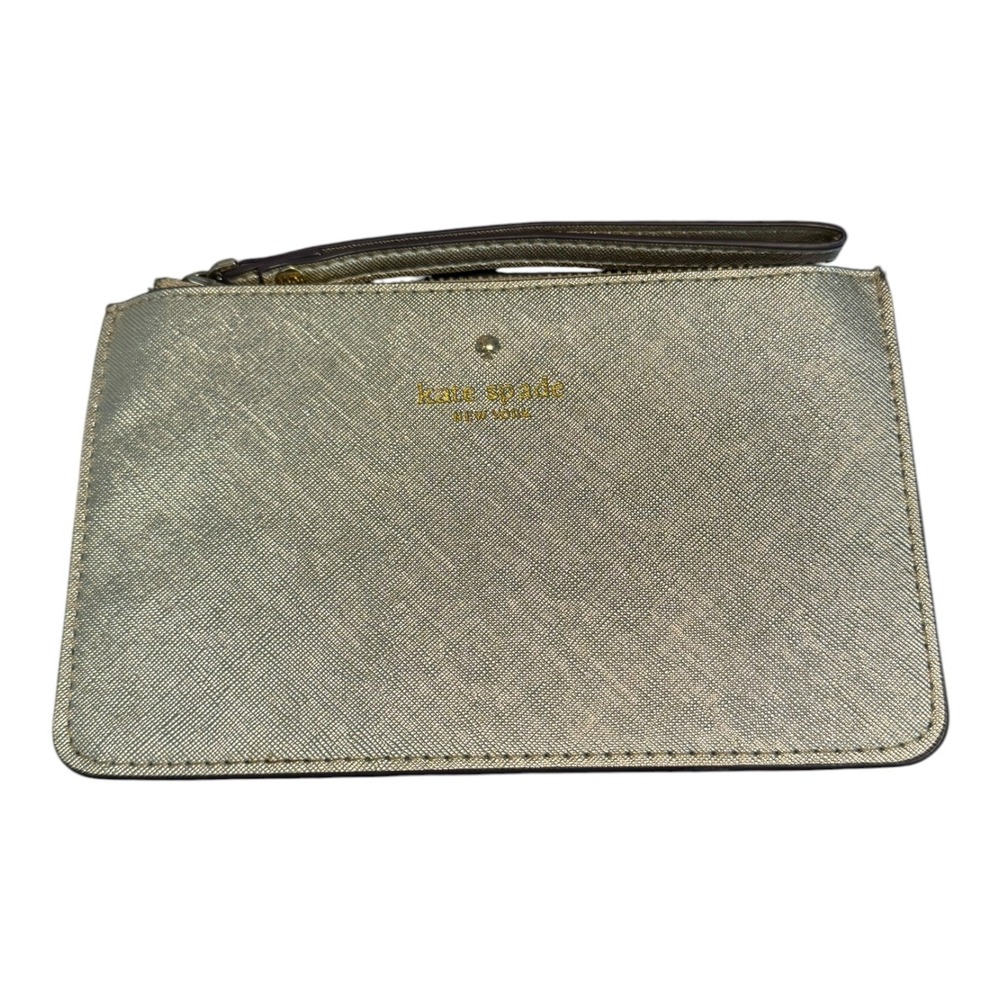 Kate Spade New York Gold Saffiano Leather Wristlet Pouch Zip Top Bag
